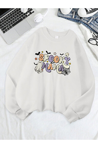 NOISSEY تي شيرت مطبوع عليه Halloween Spooky Mama صوف الفليس Hot Loose بغطاء ر...