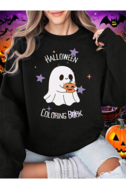 NOISSEY تي شيرت مطبوع عليه كتاب تلوين الهالوين للسيدات شتاء صوف الفليس سترة ف...