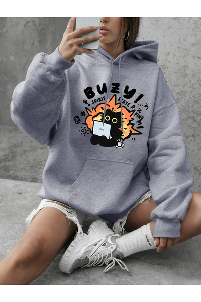 NOISSEY Busy Spirit State Cat cu imprimeu Hanorac pentru femei cu glugă Casua...