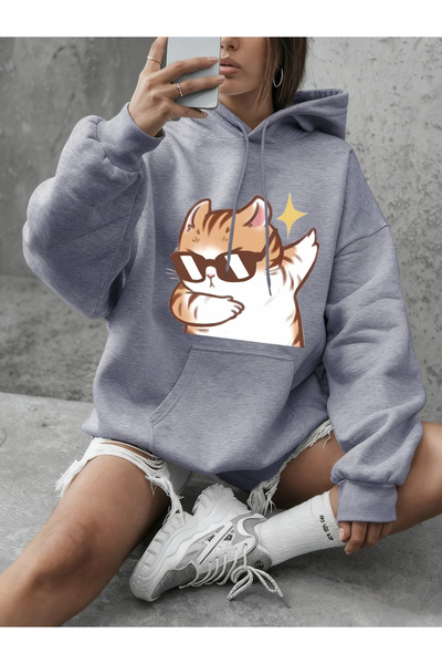 NOISSEY pisică havalı imprimeuri cu ochelari de soare pulover femei iarna pol...