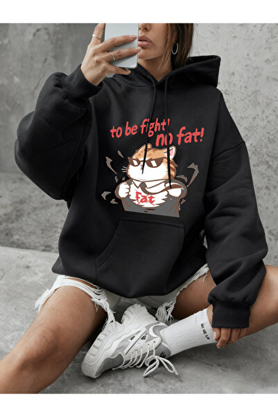 NOISSEY Tricou Cool Fight Fat Cat cu imprimeu pentru femei Iarna polar Căldur...