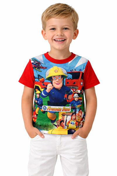 Vaxy Style Erkek Çocuk Relax Fit Baskılı Tişört Fireman Sam İtfaiyeci Karakte...