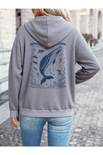 NOISSEY Humpback Whale cu imprimeu cu glugă Topuri pentru femei Pulover lejer...