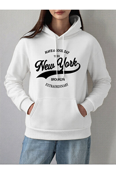 NOISSEY تي شيرت نسائي مريح بجيب من New York Brooklyn Letter Print بغطاء رأس ل...