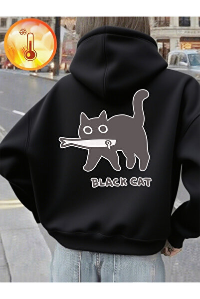 NOISSEY Desene animate Negru pisică cu imprimeu cu glugă iarna polar Hanorace...