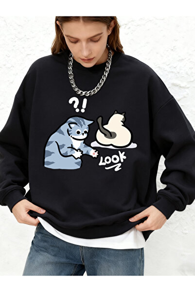 NOISSEY Suspicious Cartoon Cat Printed Sweatshirt Women's Casual Jogger Pants...