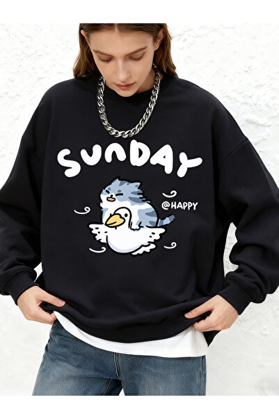 NOISSEY Happy Sunday Cat Duck Print Sweatshirt Autumn Big Size Jogger Pants H...
