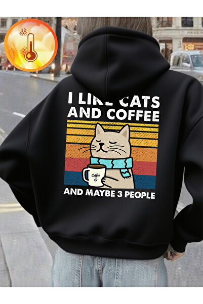 NOISSEY سويت شيرت I Love Cats Coffee مطبوع بغطاء رأس للسيدات مريح وفضفاض للشت...