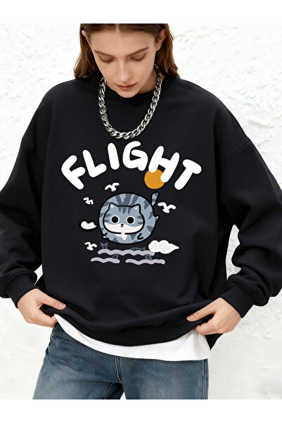 NOISSEY Πουλόβερ με στάμπα Fighting Fish Catching Cat γυναικείο άνετο μακρυμά...