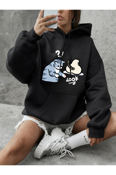 NOISSEY تي شيرت نسائي من Suspect Cartoon Cat مطبوع بياقة دائرية بغطاء رأس قطع...