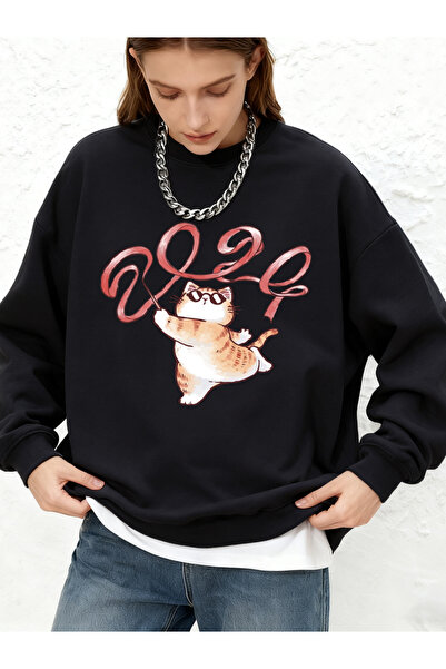 NOISSEY One pisică Brings Out The Ribbon 2024 cu imprimeu Hanorac pentru feme...