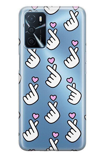 FLAMENKO حافظة هاتف شفافة متوافقة مع هاتف أوبو A16 / A55 Parmak Kalp منقوش