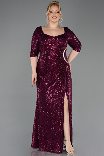 Abiyefon Mürdüm Kapri Kol Uzun Pullu Büyük Beden Abiye ABU3258