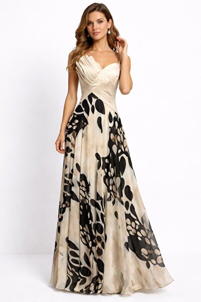 VALERIA Zarif Desenli Şifon Abiye Elbise – Akışkan Kesim Gece Elbisesi