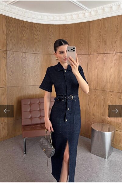 KY Şık Kesim Kemerli Denim Elbise