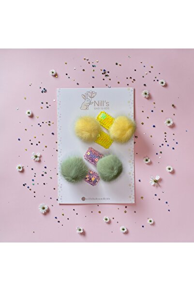 Nills Baby & Kids Pompom and Sequin Detailed Buckle Set - Yellow & Green 4-Pi...