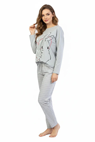 VİENETTA Pijamale damă cu mânecă lungă și pantaloni lungi, imprimeu iepure, gri