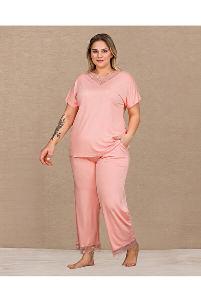 Viselya Short Sleeve Lace Detailed Plus Size Pajama Set