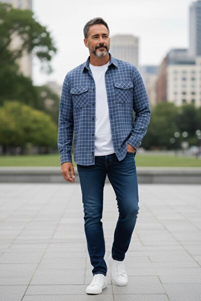 GÖMLEK GALERİSİ Classic Wide Cut Plaid Pack Double Pocketed Long Sleeve Men's...