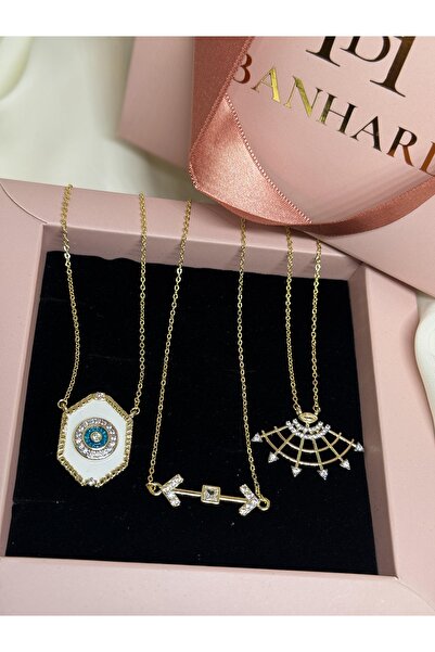 banhard Yelpaze-Ok-Nazar Boncuğu Gold Renk 3’lü Çelik Kadın Kolye Seti | Zirk...