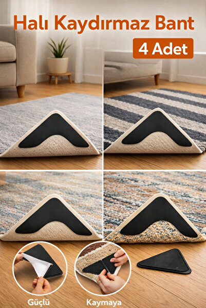SYN AKSESUAR 4 Adet Güçlü Yapışkanlı Halı Kaydırmaz Bant – Köşe Sabitleyici H...