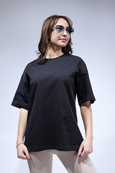 ELİT SHOES Oversized Ke Glittery Cotton Textured Women's Basic Tshirt