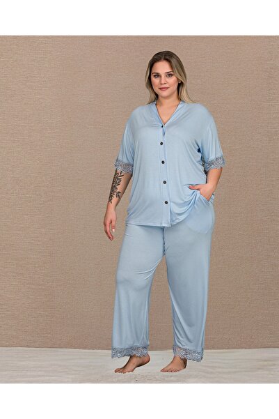 Viselya Buttoned short sleeve Lace detailed plus size pajama set