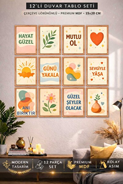 UNT Modern Boho 12’li Duvar Tablo Seti 15x20 cm Motivasyon Yazılı Çerçeve Gör...