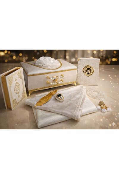 AGH Değerli Hediyeler Lüks İnci Detaylı Kadife Sandıklı Kuran Tesbih Seti - Ö...