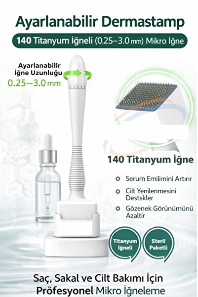 Kitchen Beauty Ayarlanabilir Dermastamp 140 Titanyum İğneli (0.25–3.0 mm) Mik...