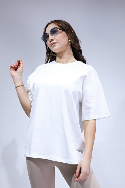 ELİT SHOES Oversized Ke Glittery Cotton Textured Women's Basic Tshirt