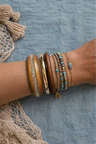 Mope Accessories Bangle Vintage Bohem Stil 3’lü Kadın Bileklik Seti – Ahşap T...