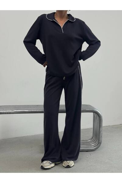 DAME Women's Long Sleeve Polo Collar Striped Modal Tracksuit Set