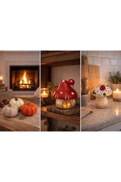 NURA CO 3'lü Dekoratif Biblo Set Mantar Ev Balkabağı Uğur Böcekli Mantar Figü...