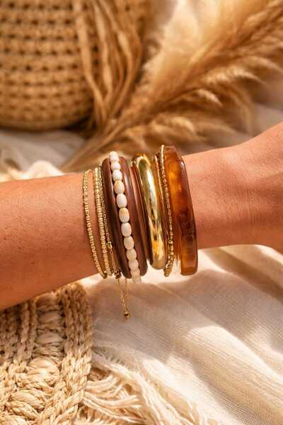 Mope Accessories Natural Wood and White Bead Detailed 3-Piece Women's Bracele...