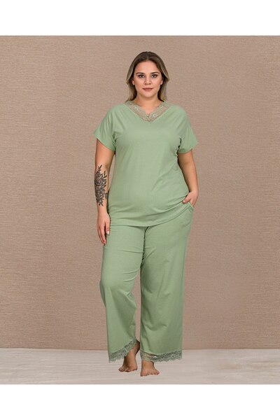 Viselya Short Sleeve Lace Detailed Plus Size Pajama Set