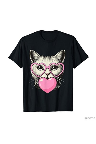 Flood Of Style تي شيرت لطيف على شكل قطة وردية لعيد الحب على شكل قلب للرجال وا...