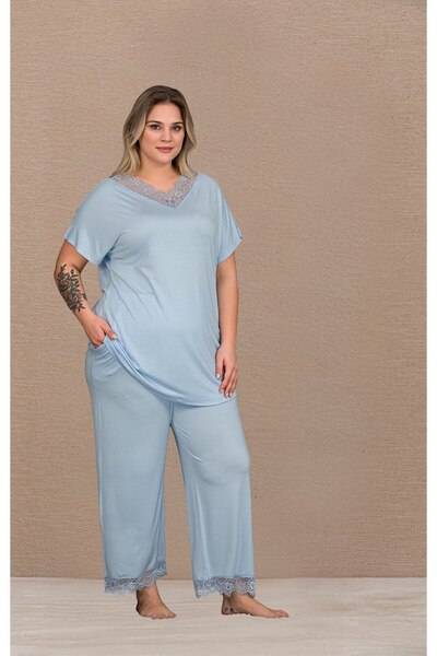 Viselya Short Sleeve Lace Detailed Plus Size Pajama Set