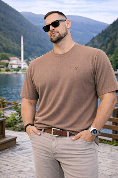 Maccali Men's Large Size Cotton Waffle Fabric Basic Camel T-Shirt