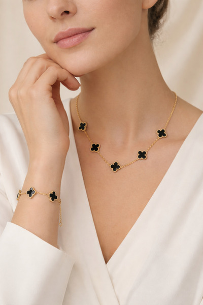 LOREZIA Yonca Siyah Bileklik Kolye Set 2’li 316L Çelik Kadın Takı