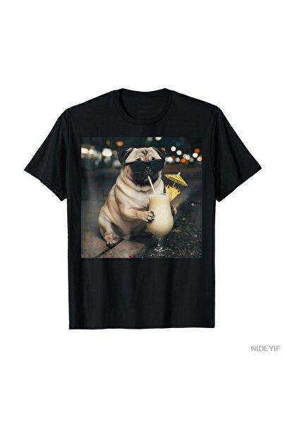 Flood Of Style Αστείο μπλουζάκι Meme Pug Drinking Pina Colada για άνδρες Γυνα...