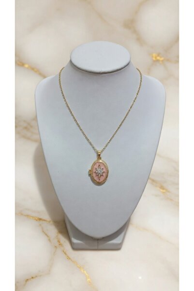 Bella çelik zincirli açılabilir oval madalyon kolye pembe markiz taşlı fotoğr...