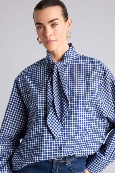 DeFacto Oversized Scarf Collar Checked Poplin Long Sleeve Shirt G7866Ax26Sp