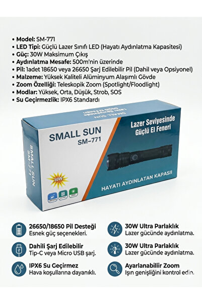 Small Sun SM-771 Profesyonel Lazer LED El Feneri - 30W Yüksek Güçlü Zoomlu Şa...