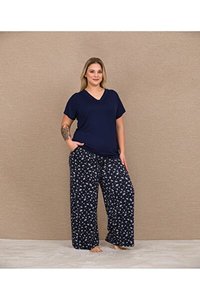Viselya Short sleeve bottom Patterned plus size pajamas set
