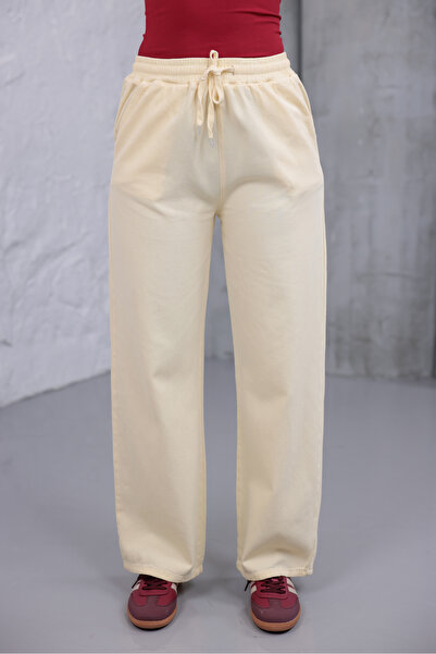 MYRAB DENİM Women's Yellow Baggy Linen Pants Elastic Waist Lace-Up Comfortabl...