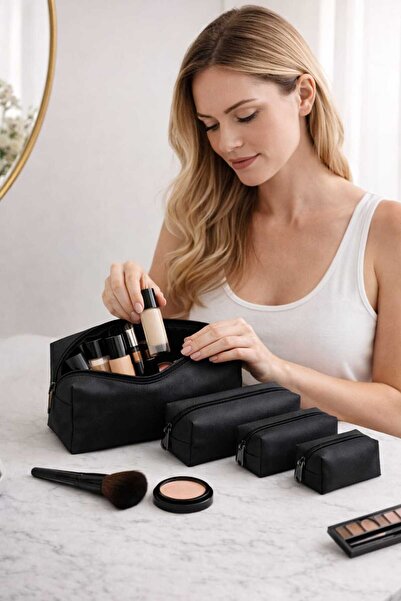 aurellen 4-Piece Black Makeup Set – Zippered Cosmetic Bag – Travel Organizer ...