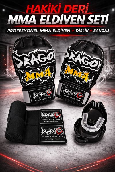 Dragondo Hakiki Deri MMA Eldiven Seti – Profesyonel MMA Eldiven + El Bandajı + Dişlik | Torba Antrenman Seti