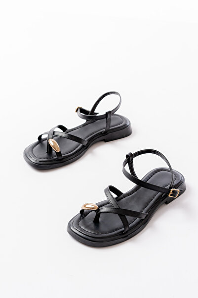 modalmila Women's Black Gold Ring Detailed Daily Sandals