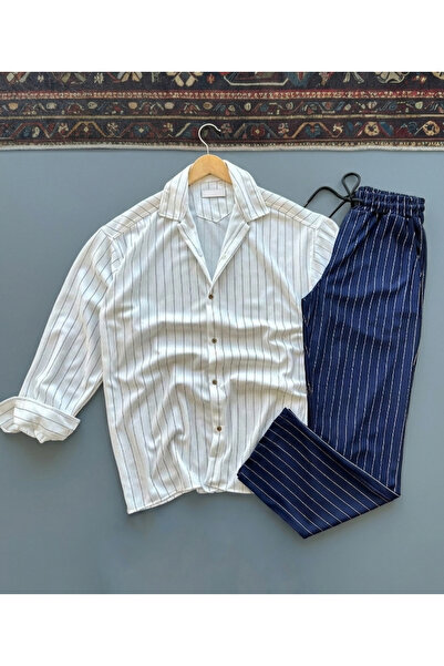 blucombin Men's Baggy Striped Crepe Shirt and Pants Set